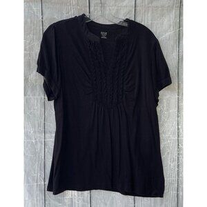 a.n.a. Woman 1X Short Sleeve Black Embellished Collared V-Neck Top